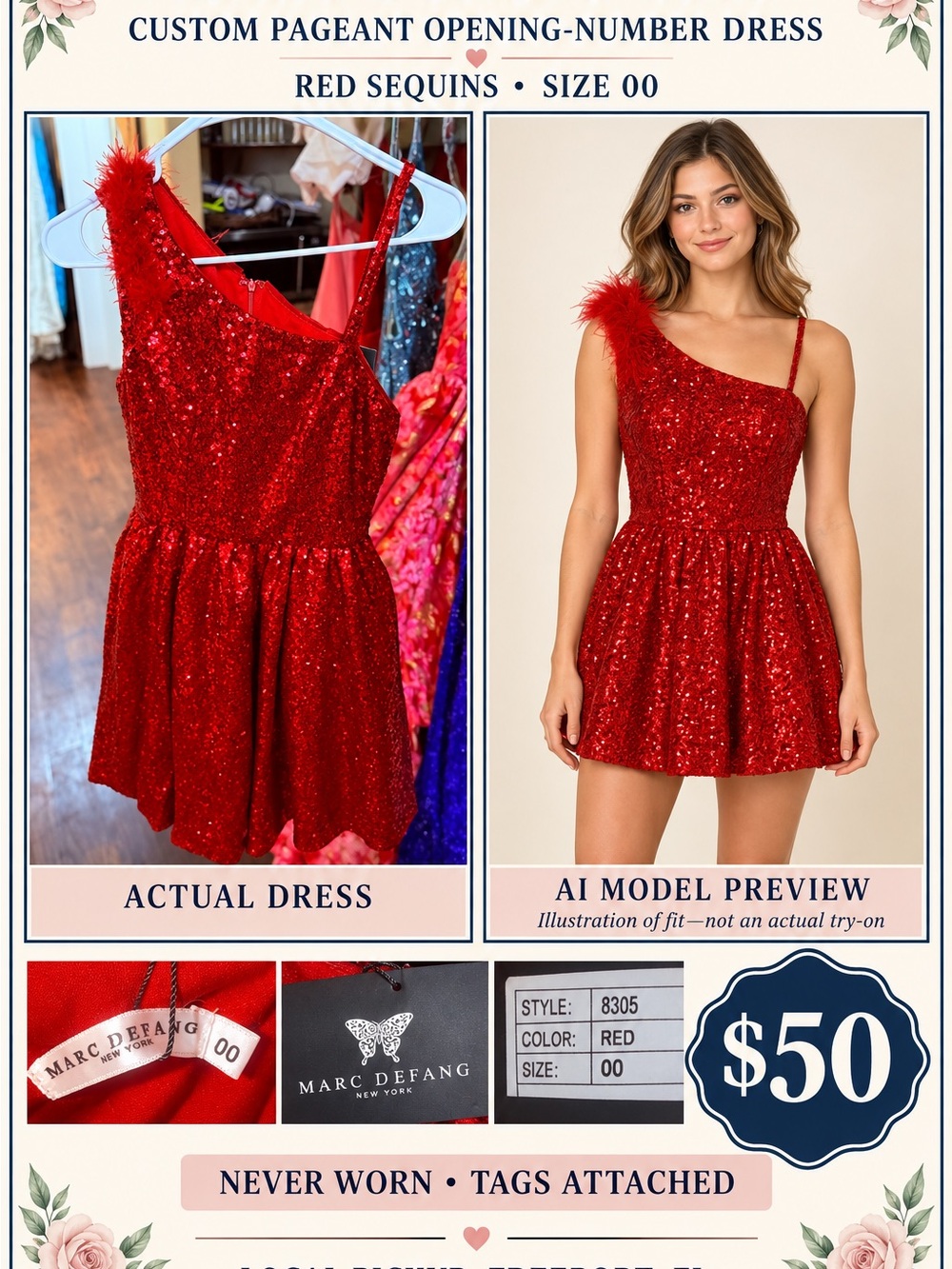 Mac Duggal Red Sequin One-Shoulder Mini Dress with Feather Detail